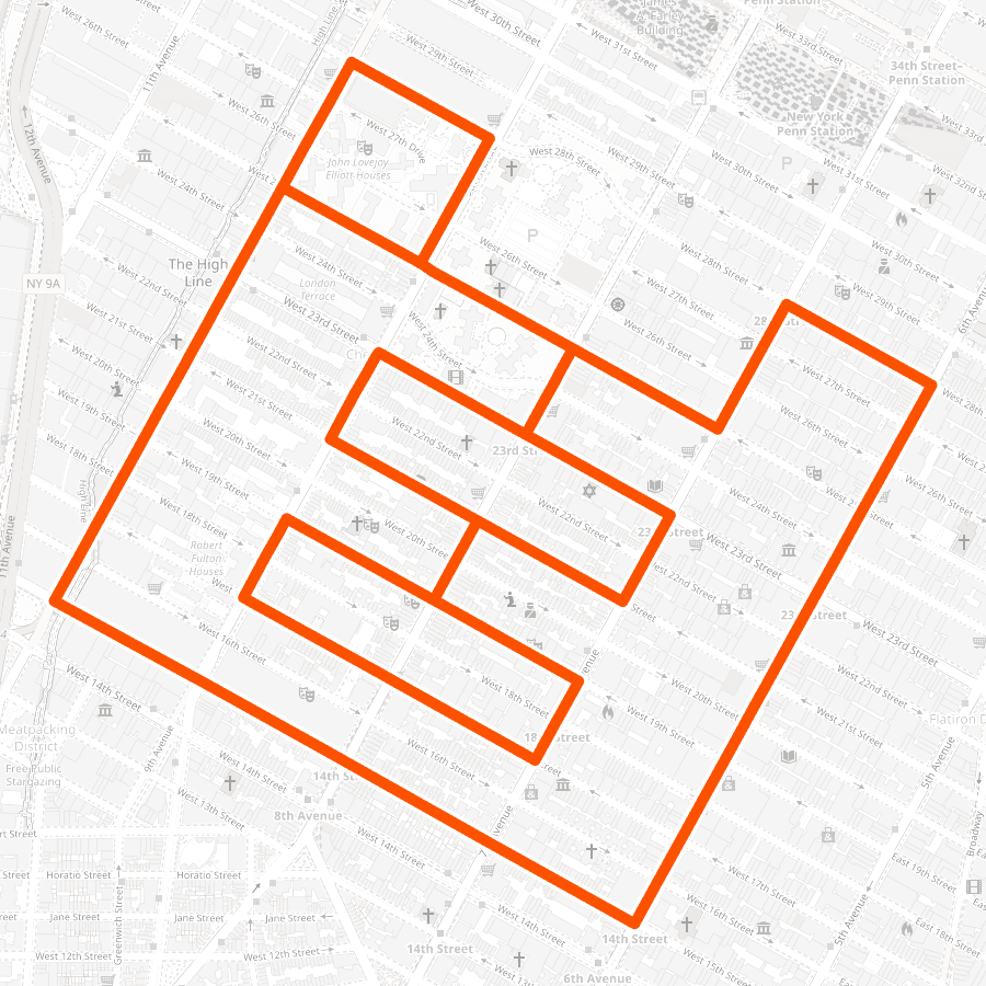 Chelsea Robot — the actual route drawn on the Manhattan street map