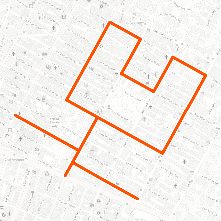 East Village Tulip — the actual route drawn on the Manhattan street map
