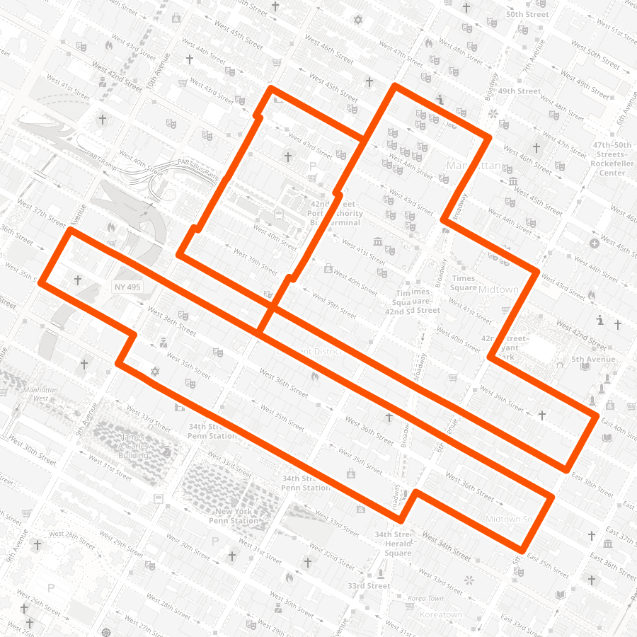 Midtown Sailboat — the actual route drawn on the Manhattan street map