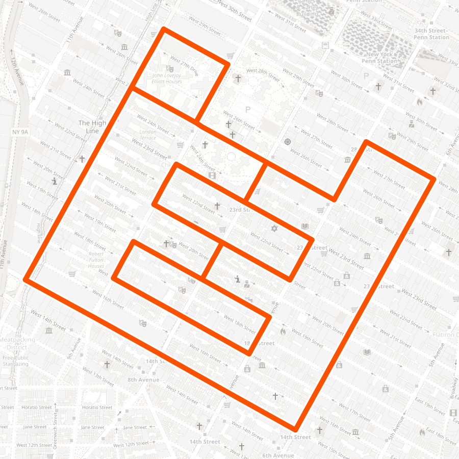 Robot-shaped route across the Chelsea street grid